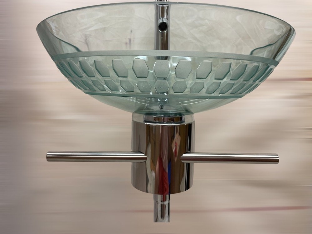 Wall mount Bathrom vanity set clear glass vessel sink with unique pattern shelf