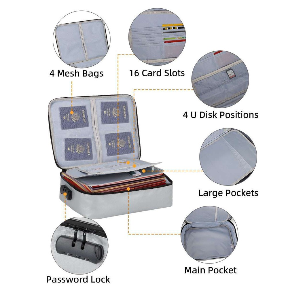 Fire Proof Waterproof Document Box with Lock File Storage Organizer Box Safe Bag