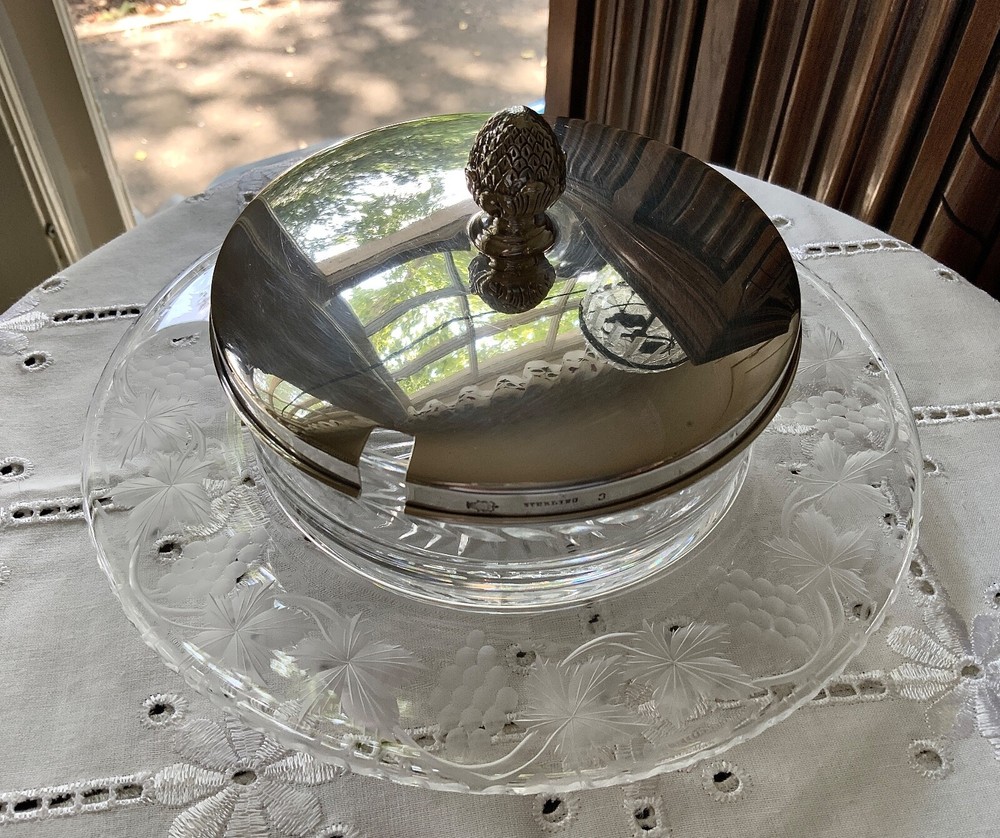 WM.DURGIN STERLING SILVER & PAIRPOINT ENGRAVED GLASS CRACKER CHEESE PLATE C.1905