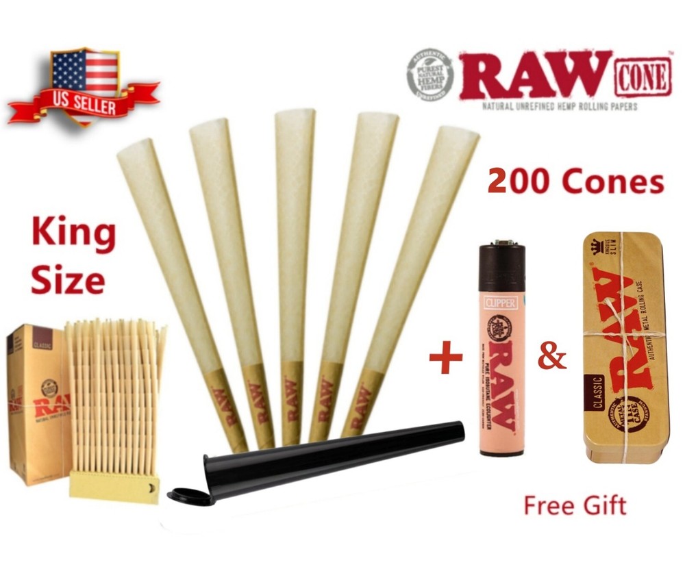 RAW Classic King Size Pre-Rolled Cones 200 Pack & Clipper Lighter & Caddy