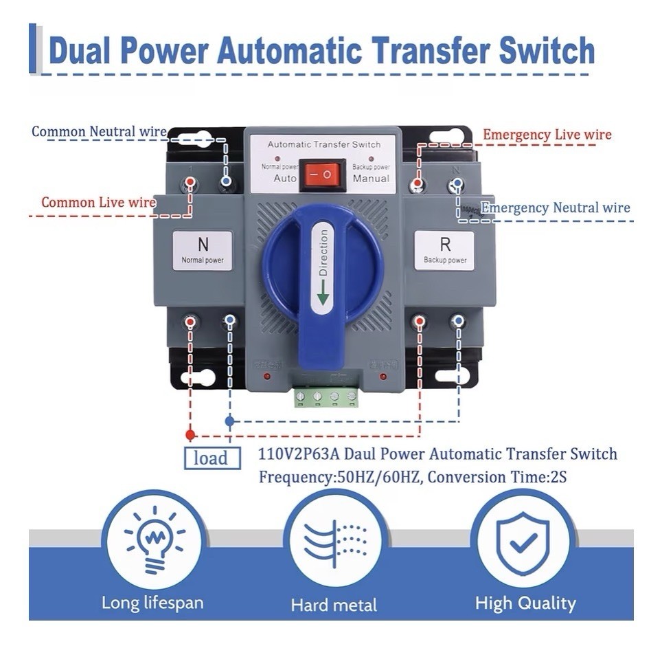 AC 110V 63A 2P Automatic Transfer Switch Solar ATS Generator Dual Power Change
