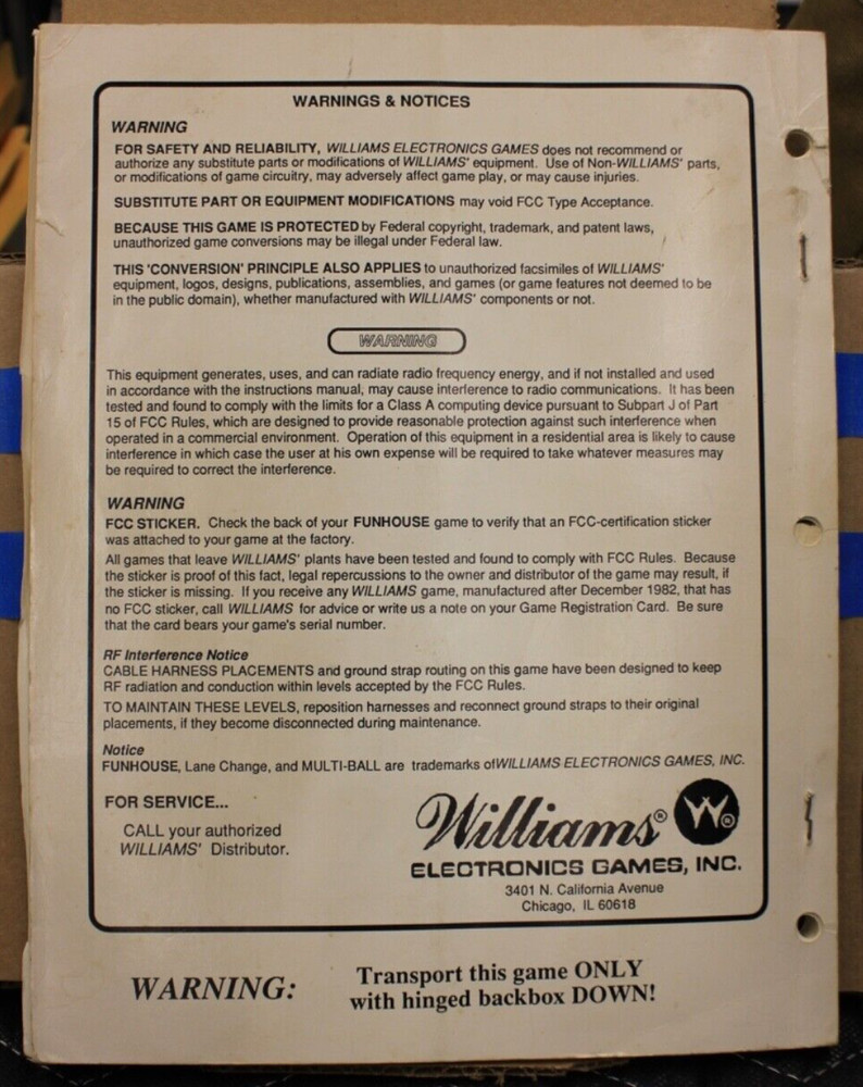 Funhouse Pinball Operations Manual - Williams