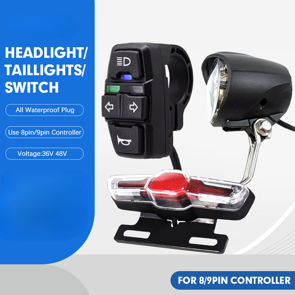 E-Bike Waterproof Headlight Rear Light 36/48V Switch Cable For 8 9pin Controller