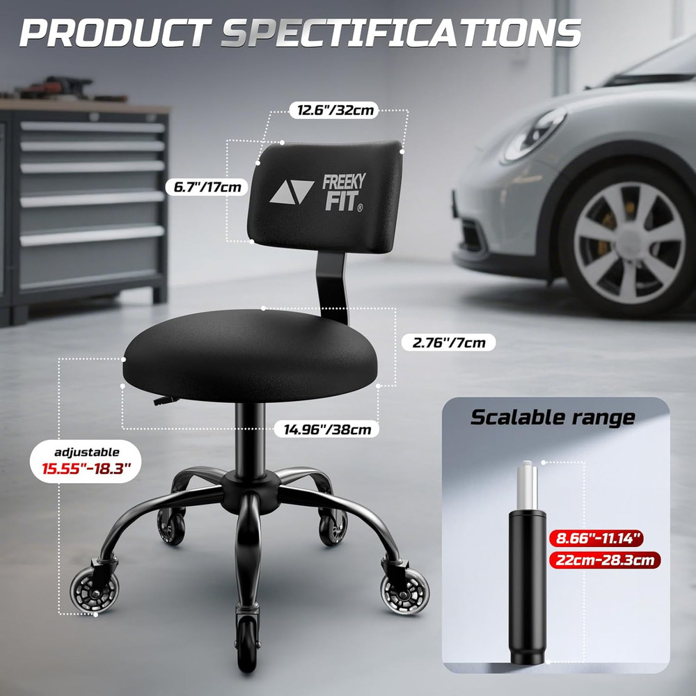 Shop Stool with Backrest, Mechanic Garage Stool for Workshop, Adjustable Stool C
