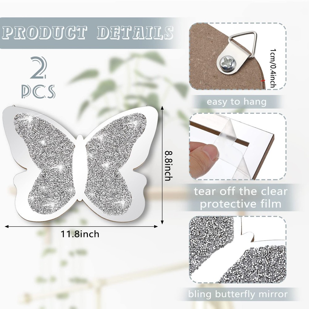2 Pieces Butterfly Shaped Mirror Crystal Crushed Diamond Silver Mirror Silver...