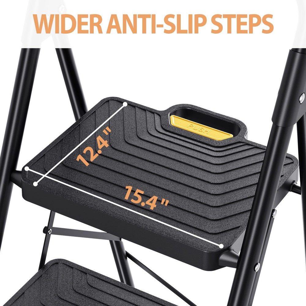 TOOLF 3 Step Ladder, Sturdy Steel Stool with 3 Black