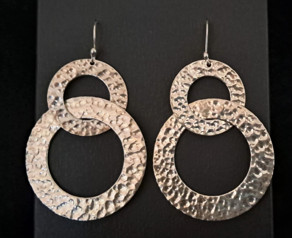 Amparo Mexico 925 Sterling Silver Hammered Double Circle Pierced Dangle Earrings