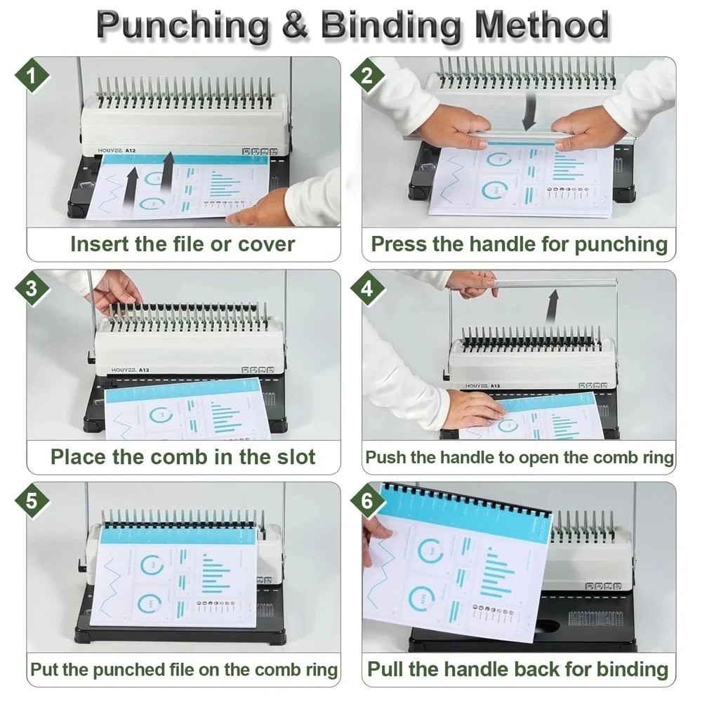 Manual Comb Binding Machine,19 Holes, 450 Sheets,Paper Punch Comb Binder Mach...
