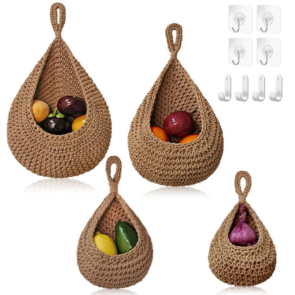 4 Pack Hanging Fruit Baskets for Kitchen-Boho Wall Hanging Basket with 8 Pcs ...