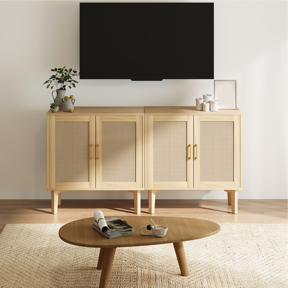 Rattan Decor Buffet Cabinet Solid Wood Feet Storage Dining Room