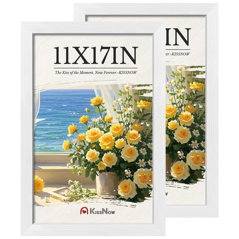 11x17 Picture Frame 2 Pack, Textured White Solid Wood, Wall Gallery Poster Frame