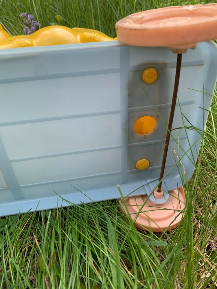 vintage lamb pull toy, hard plastic, 1950s Knickerbocker, head bobs