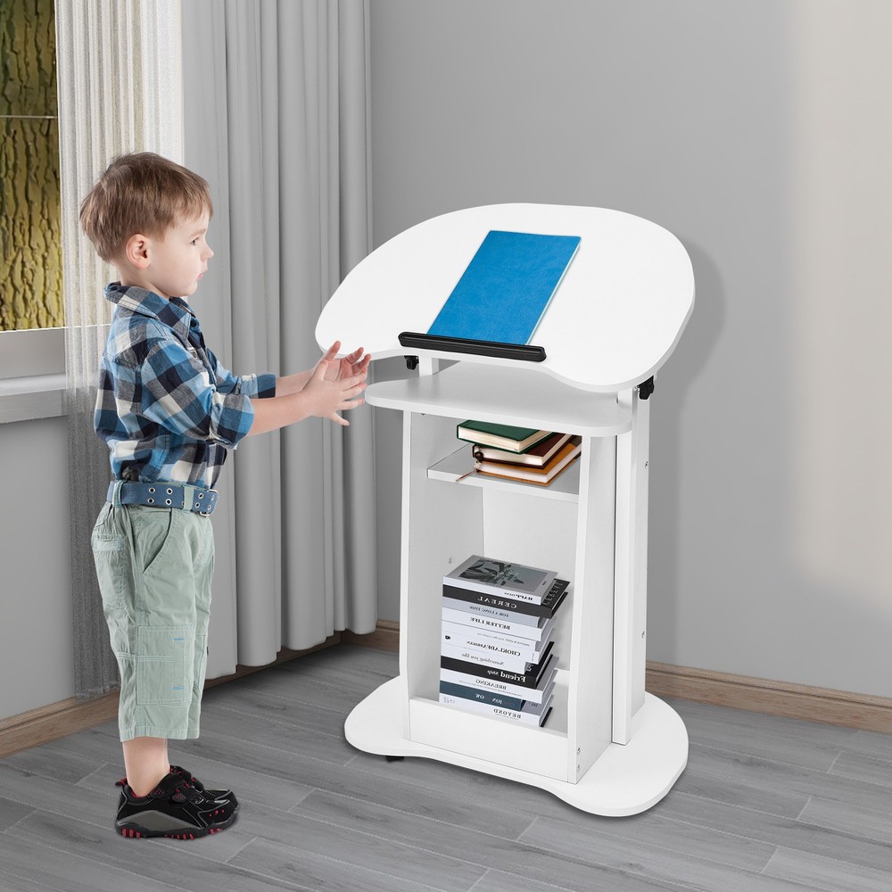 Rolling Lectern Podium Presentation Stand Church Pulpit w/ Storage Compartment