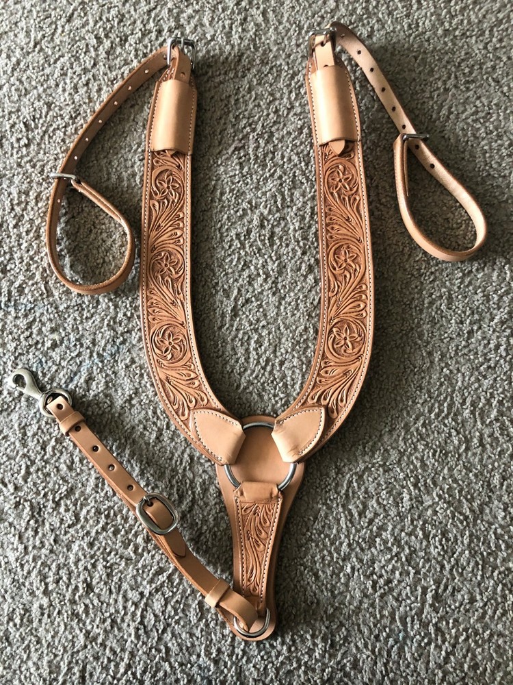 Western Natural Leather hand Carved Pulling Breast Collar