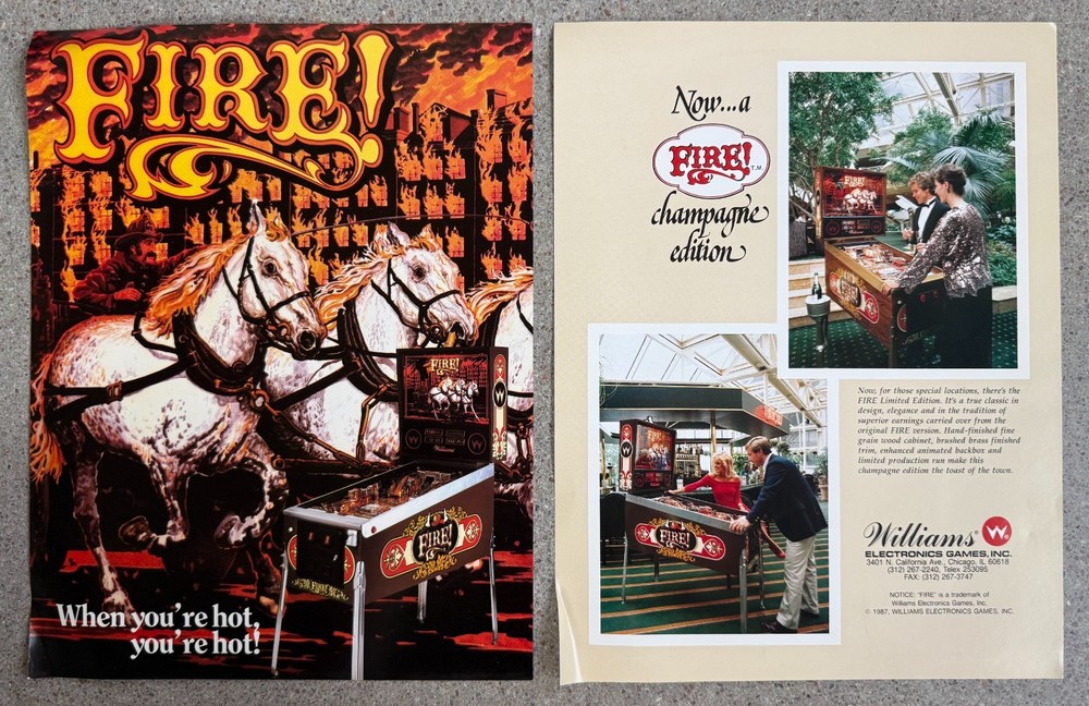 Fire! Original Pinball Arcade Flyer | 1987 Williams | Good Condition