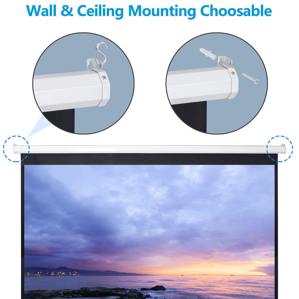 80" Manual Pull Down Projector Screen Wall & Ceiling Mounted HD Screens Portable