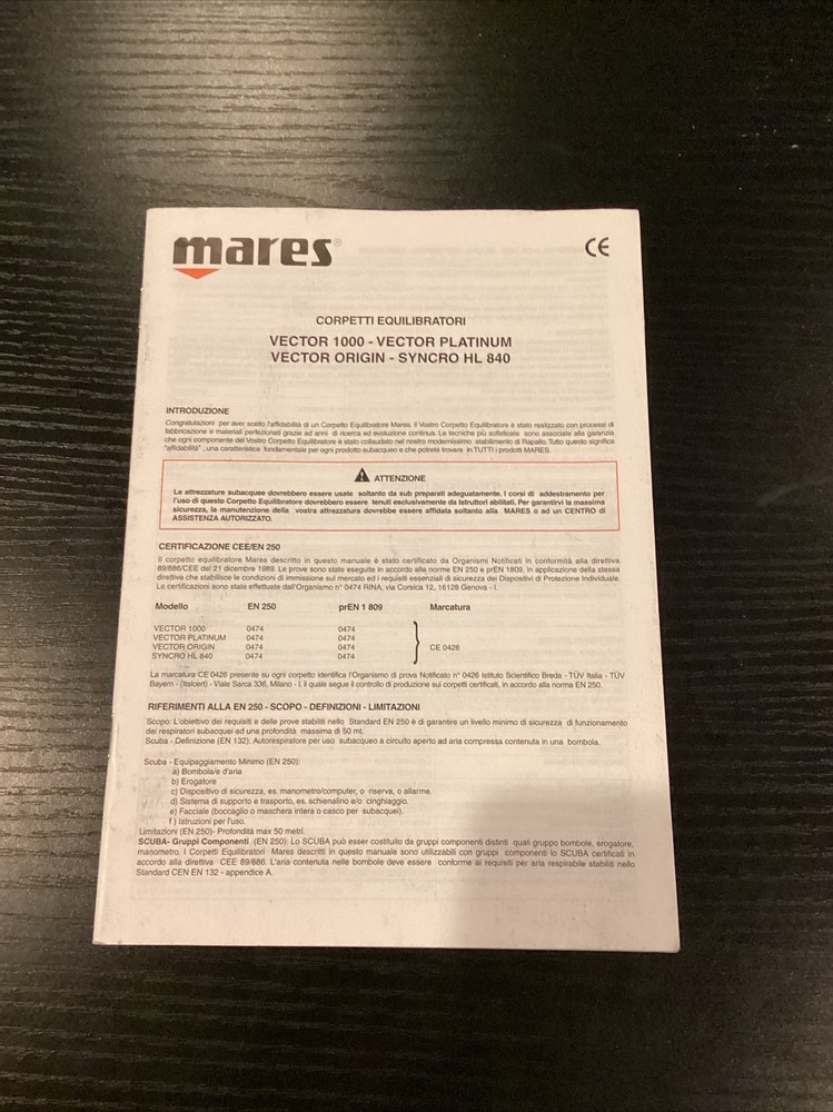 Mares Vector 1000 Vector platinum, Syncro HL 840 Owners Manual