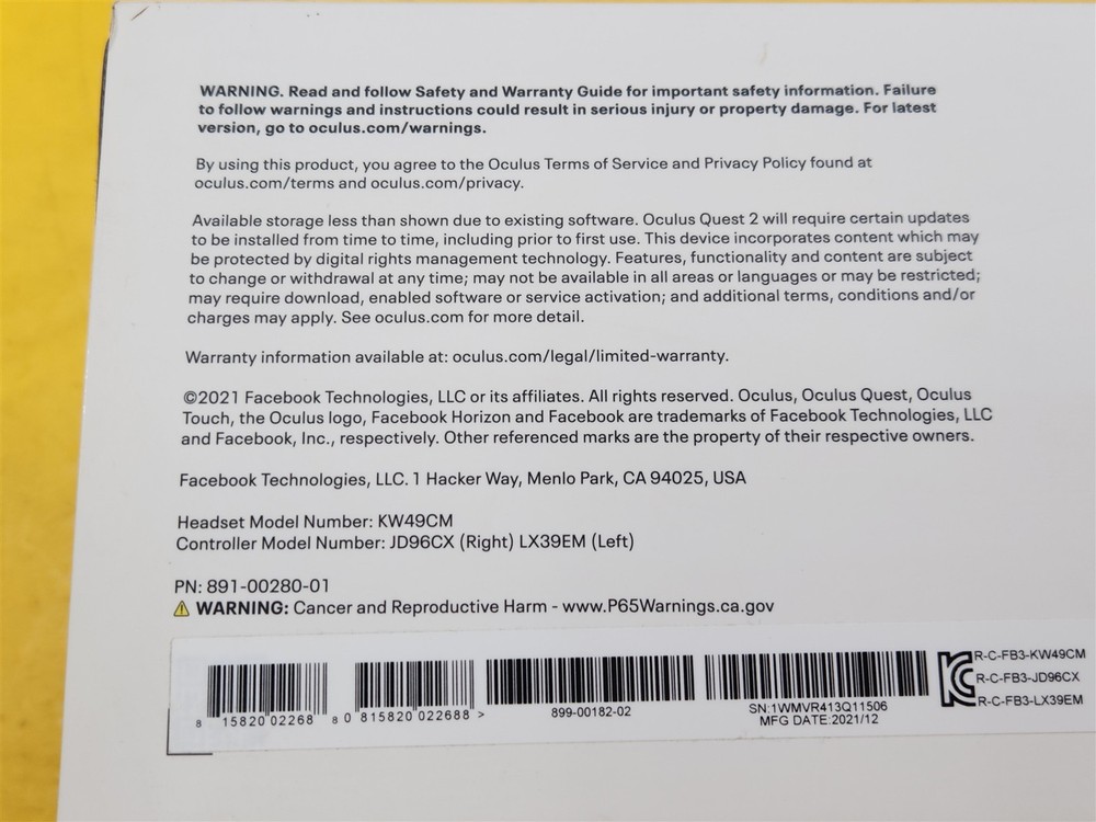 ⭐️⭐️⭐️⭐️⭐️ Oculus Quest 2 **OEM BOX ONLY** w Manuals