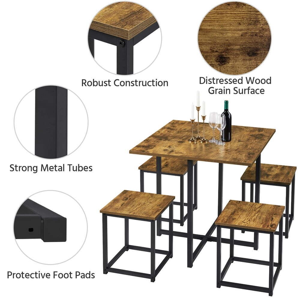 5Pcs Dining Set with Industrial Square Table and 4 Backless Chairs, Rustic Brow