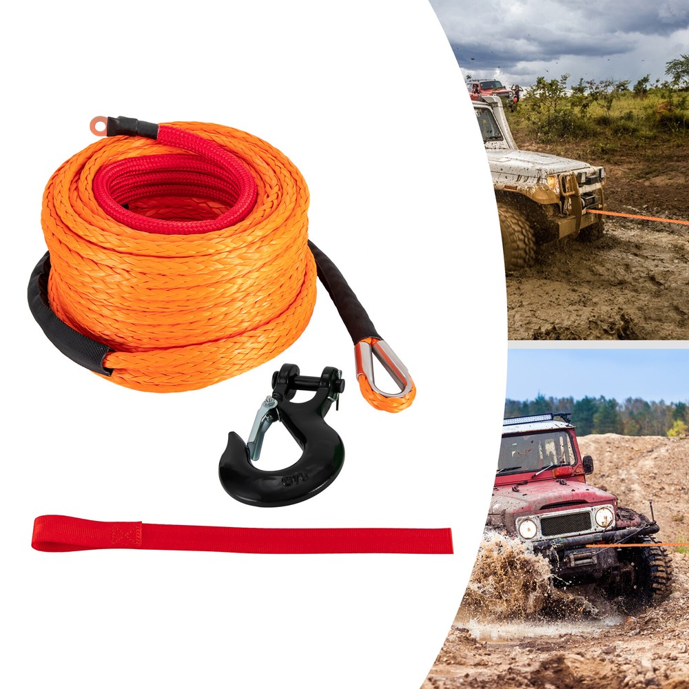 3/8x100ft Synthetic Winch Rope with Hook, Winch Cable+Protective Sleeve Orange