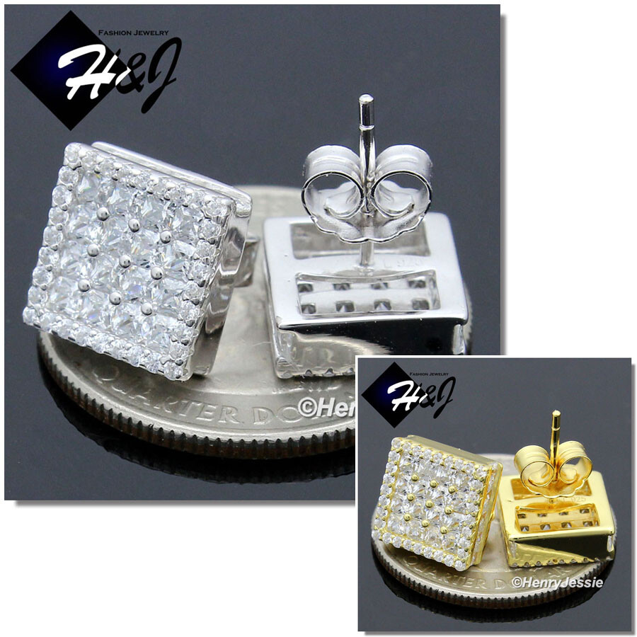 925 STERLING SILVER BLING CZ 10MM GOLD PLATED/SILVER 3D SQUARE STUD EARRING*E210