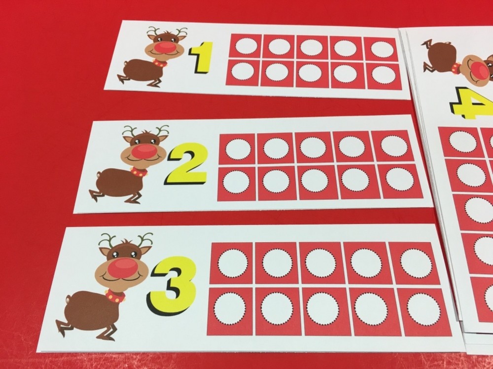 Christmas - Red Noesd Reindeer Ten-Frames - Laminated Activity Set - Teaching