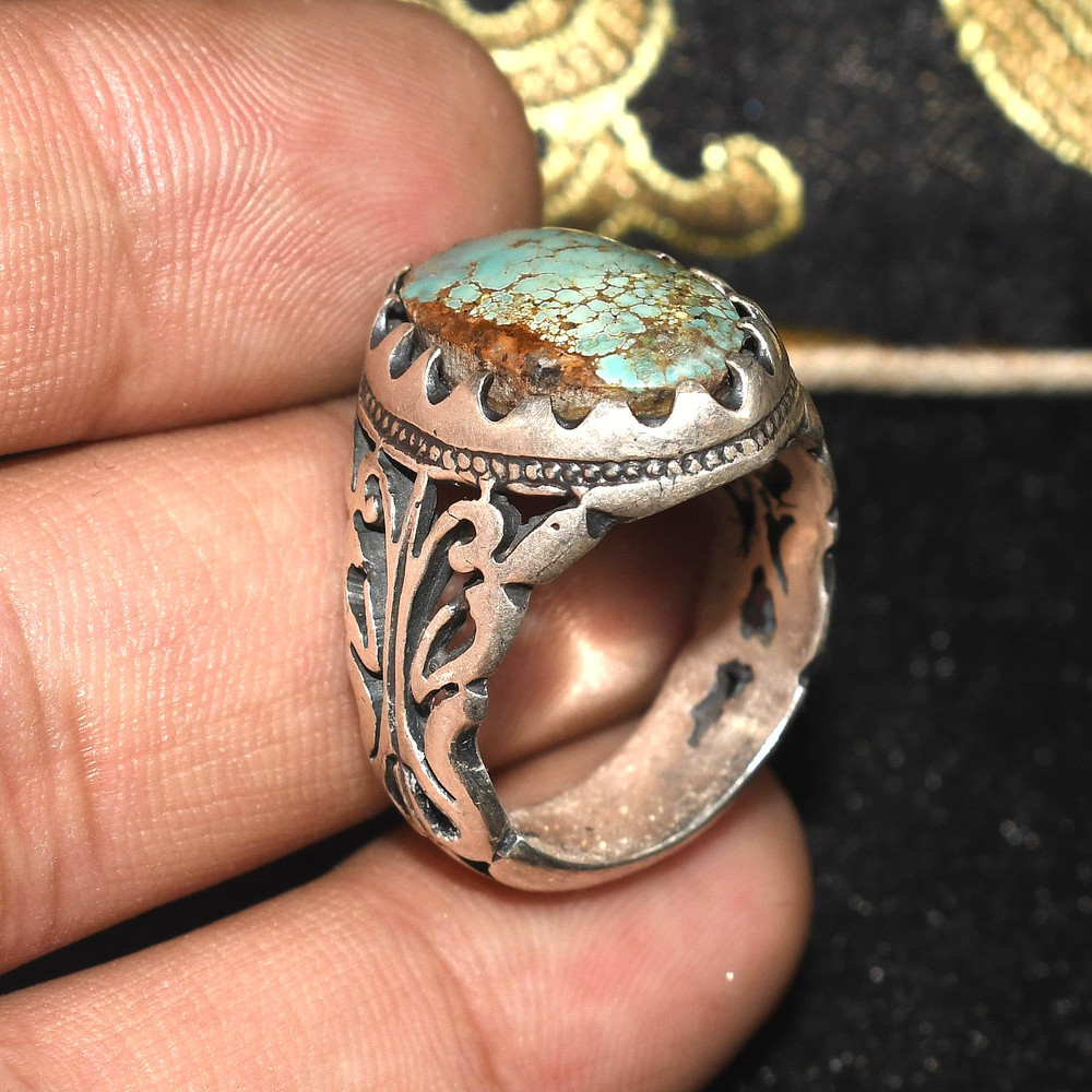 Genuine Antique Old Near Eastern Solid Silver ring with Turquoise Stone Bezel