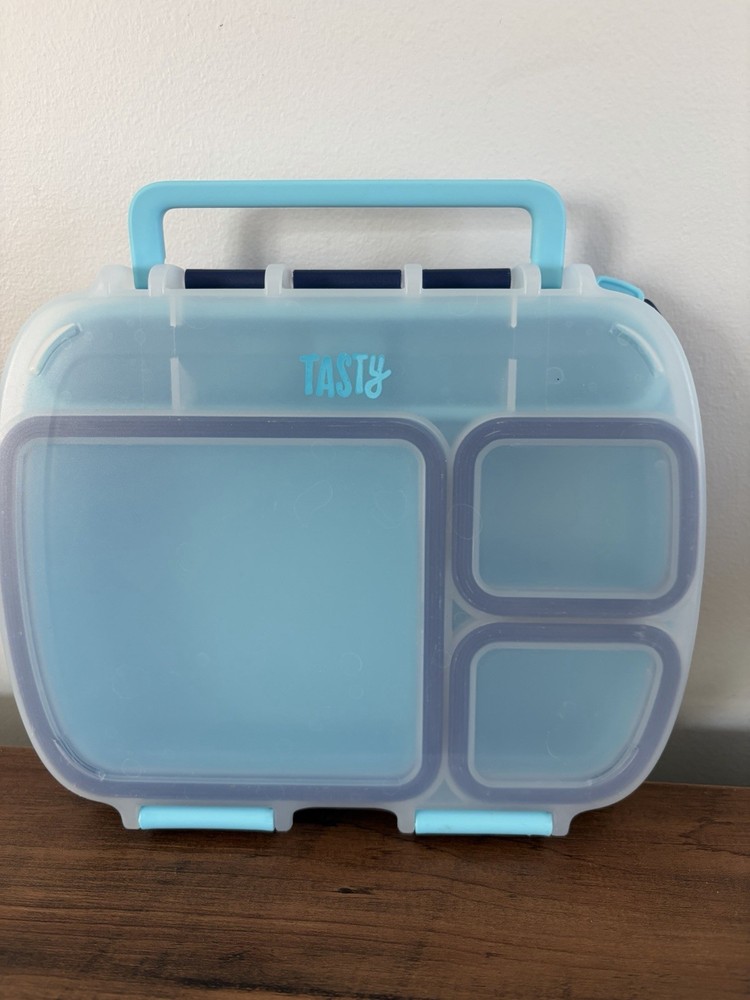 Tasty Blue 3-Compartment Rectangular Lunch Box with Handle and Snap Lid