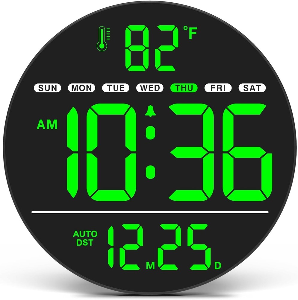 Digital Wall Clock with Large LED Display, Auto-Brightness, Temperature, Low-...