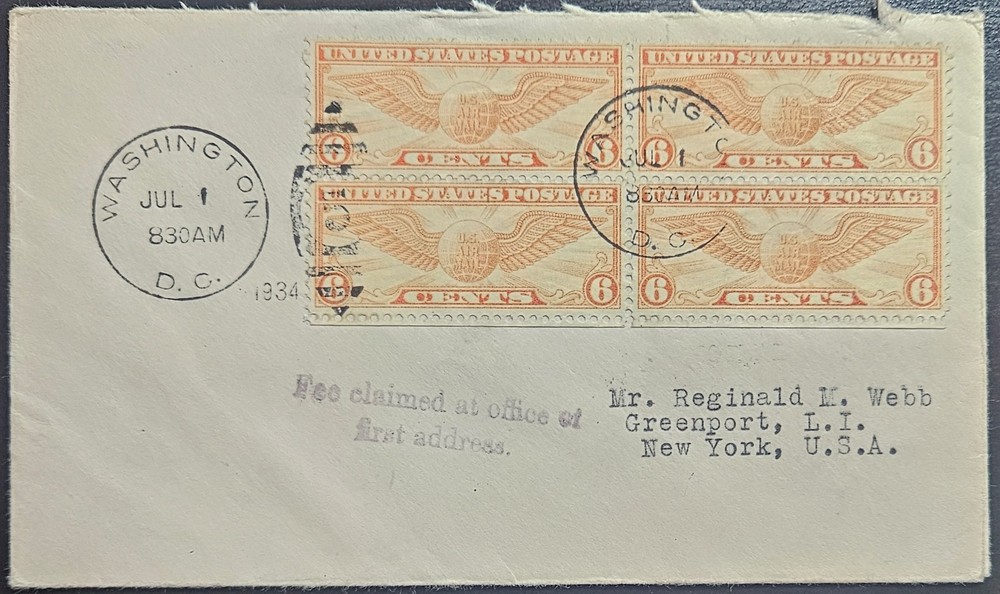 6c Winged Globe C19 Block 4 FDC Washington DC 1934