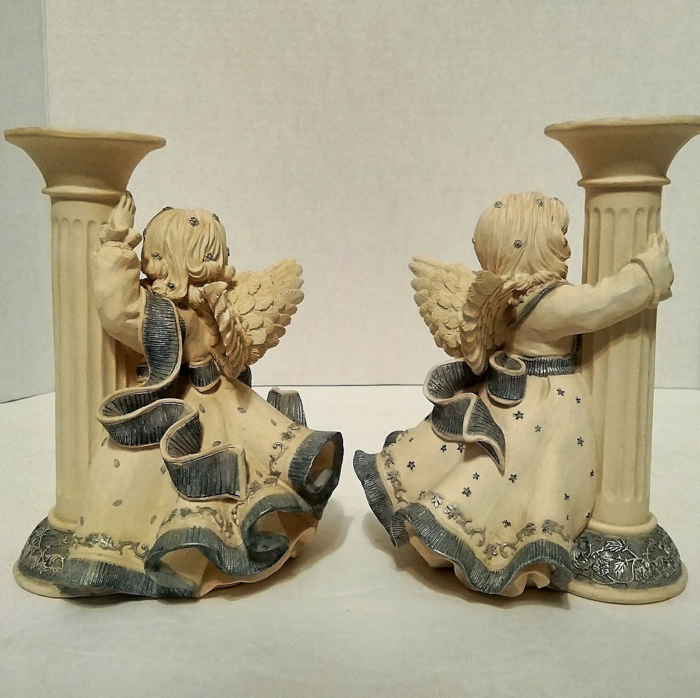 Sarah's Pair Angels Candle Holders White Blue Mindspring