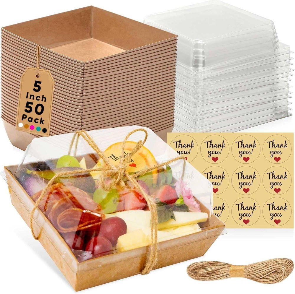 50 Pack Mini Charcuterie Boxes with Clear Lids - Disposable 5" Food Containers f