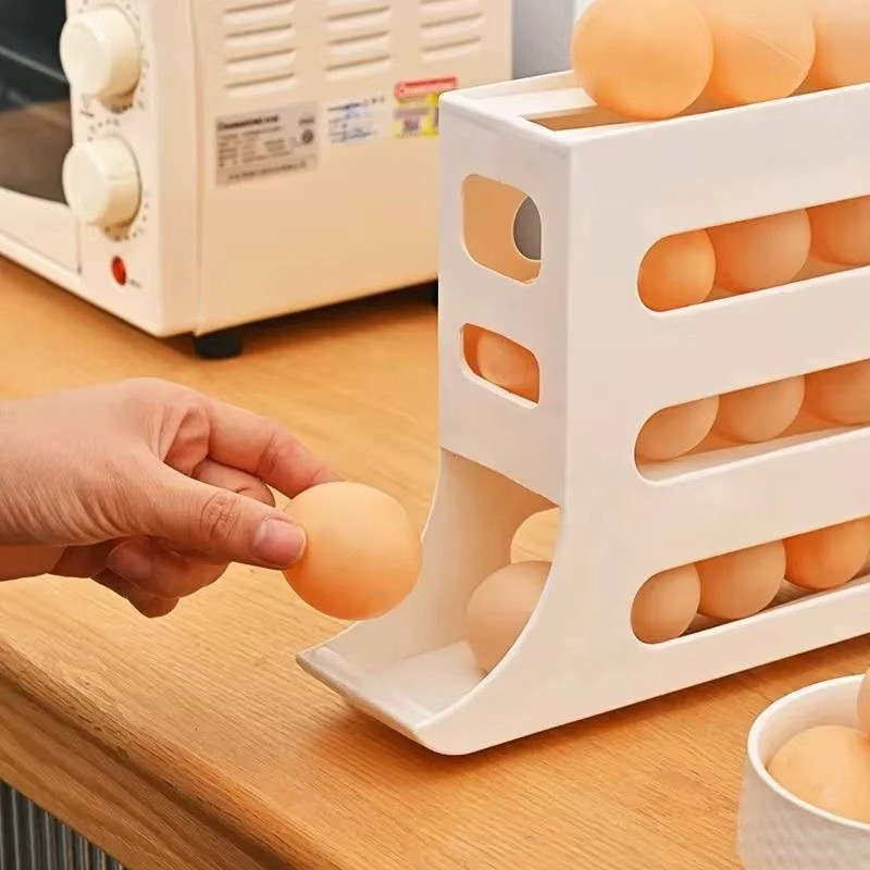 Auto Rolling Egg Holder Storage Rack 4-Tier Roll down Refrigerator Egg Dispenser