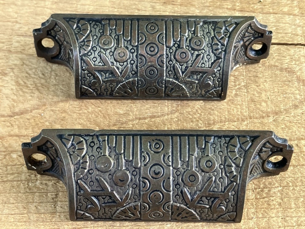 (2) Antique Cast Iron Victorian Eastlake Cabinet Cupboard Cup Bin Pull Hardware