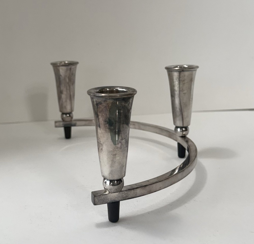 Vintage Mid-Century Modern Silverplate & Bakelite Half Circle Candelabra 2pc Set