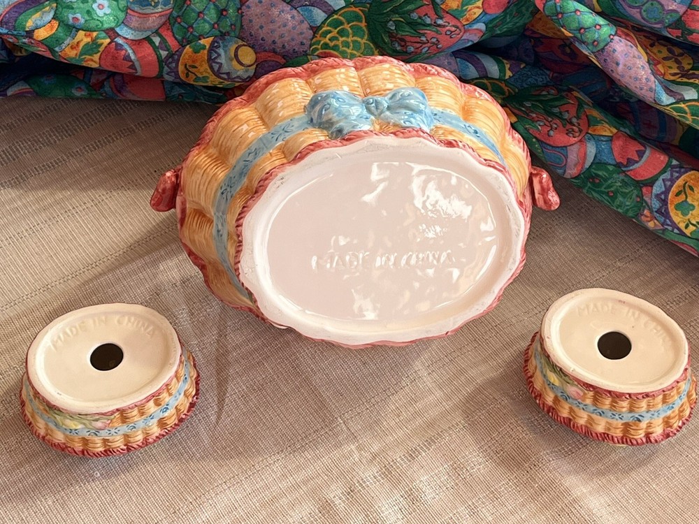 Handpainted Ceramic Easter Basket With Candle Holders 3 Pc Centerpiece Set