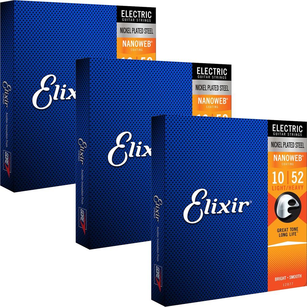 3 Sets Elixir 12077 NANOWEB Light Top/Heavy Bottom Electric Guitar Strings 10-52