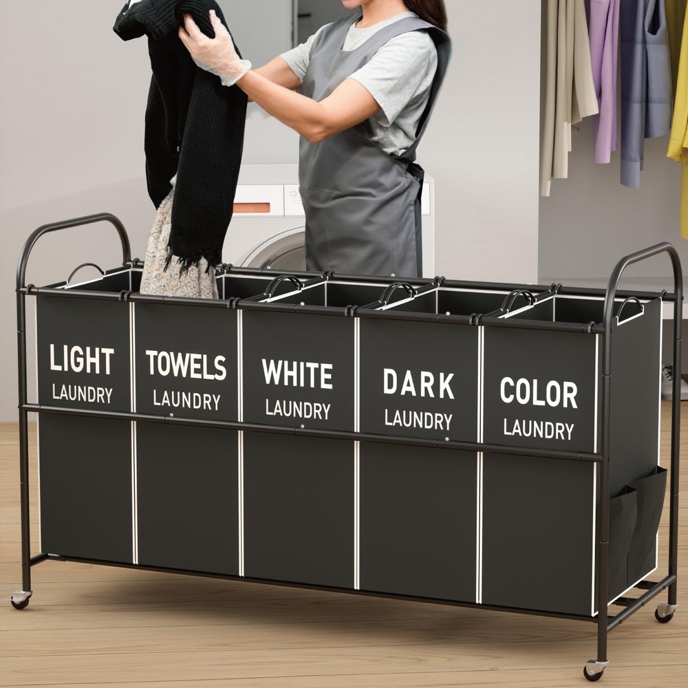 5-Section Laundry Sorter Cart, Large Laundry Hamper with Lockable Rolling Whe