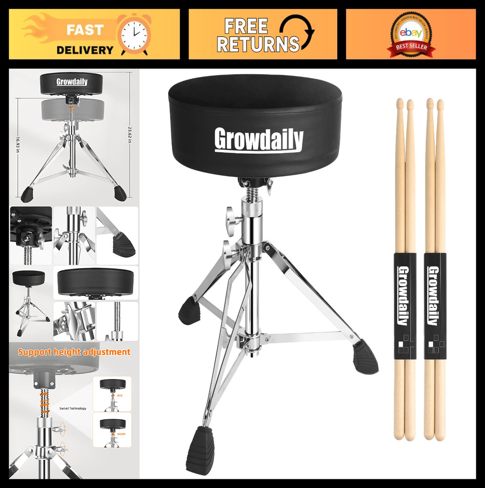 Adjustable Drum Throne Seat - Thick Padded Stool for Drummers + 2Pcs 5A Sticks