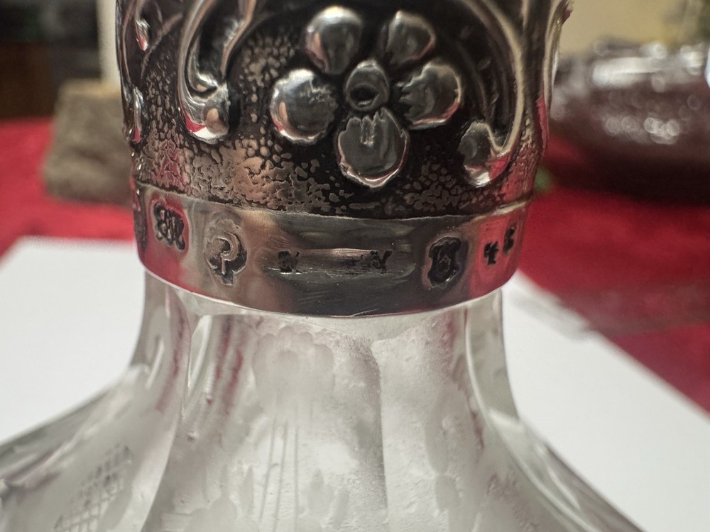 800 German Etched Figural Glass And Silver decanter Hallmarked