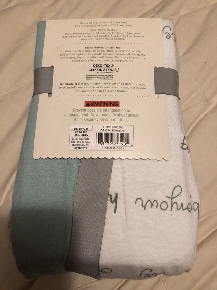 Cloud Island Jersey Crib Fitted Sheets 2-Pack Hello And Solid Green