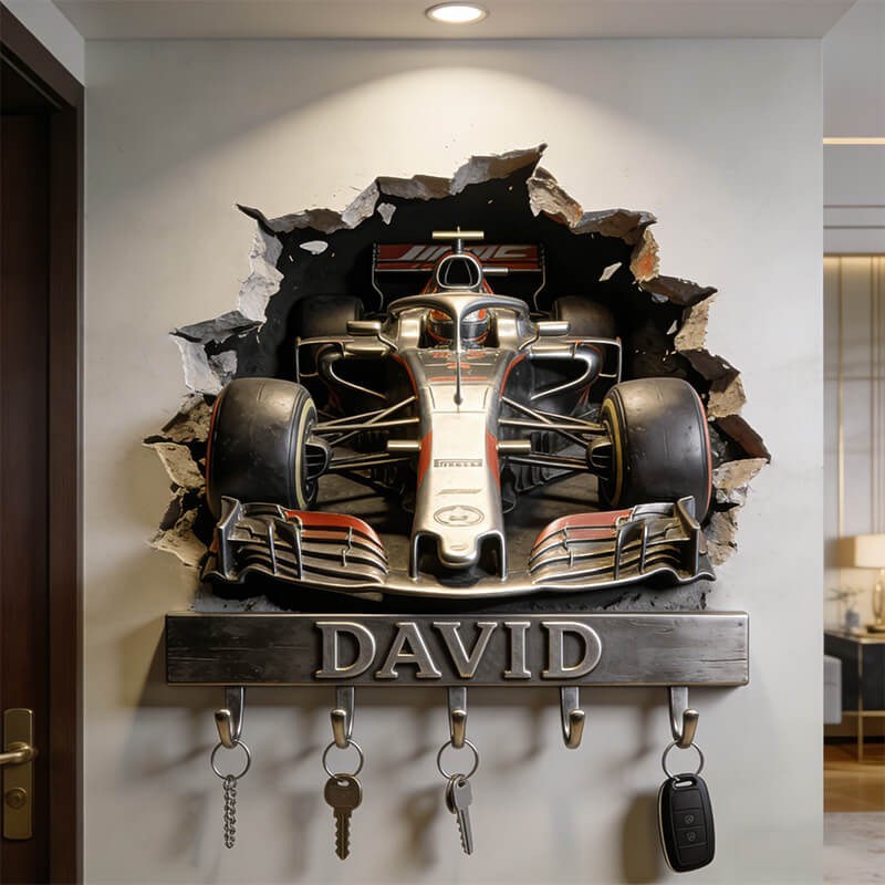 Formula Racing Key Holder 2D with 3D Effect, Custom Name Hook Rack