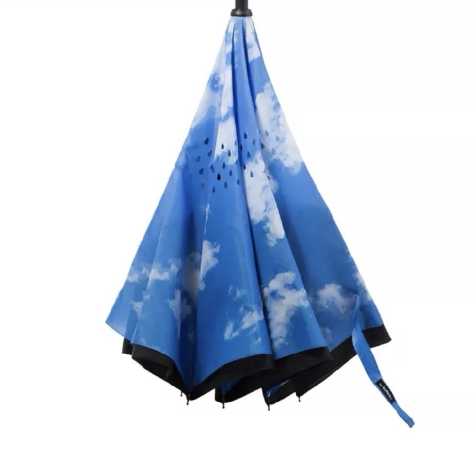 Totes Inbrella Reverse Close Folding Umbrella Light Blue Sky Clouds Pattern NWT