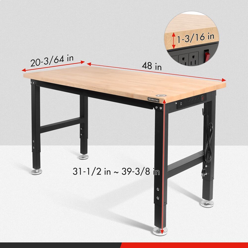WORKPRO 48" Adjustable Workbench Rubber Wood Top Heavy-Duty Workstation 2000 LBS