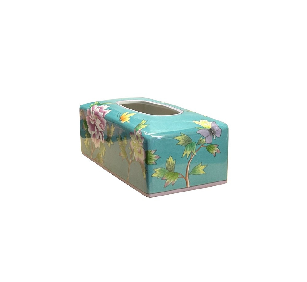 Teal Blue Flower Bird Graphic Rectangular Porcelain Tissue Box Cover ws4820D