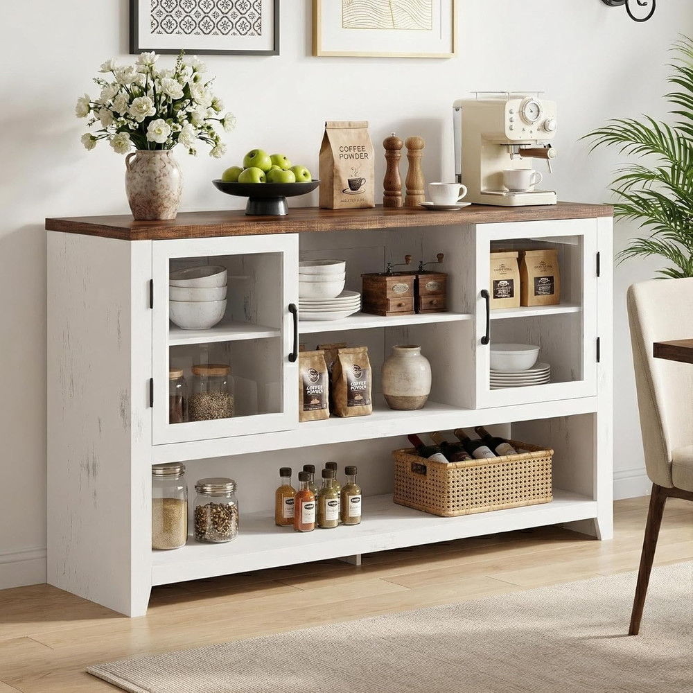 53" Modern Kitchen Buffet Sideboard Cabinet with Glass Doors - White