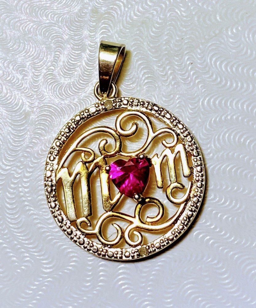 HAN Signed Ruby Heart MOM Pendant Necklace