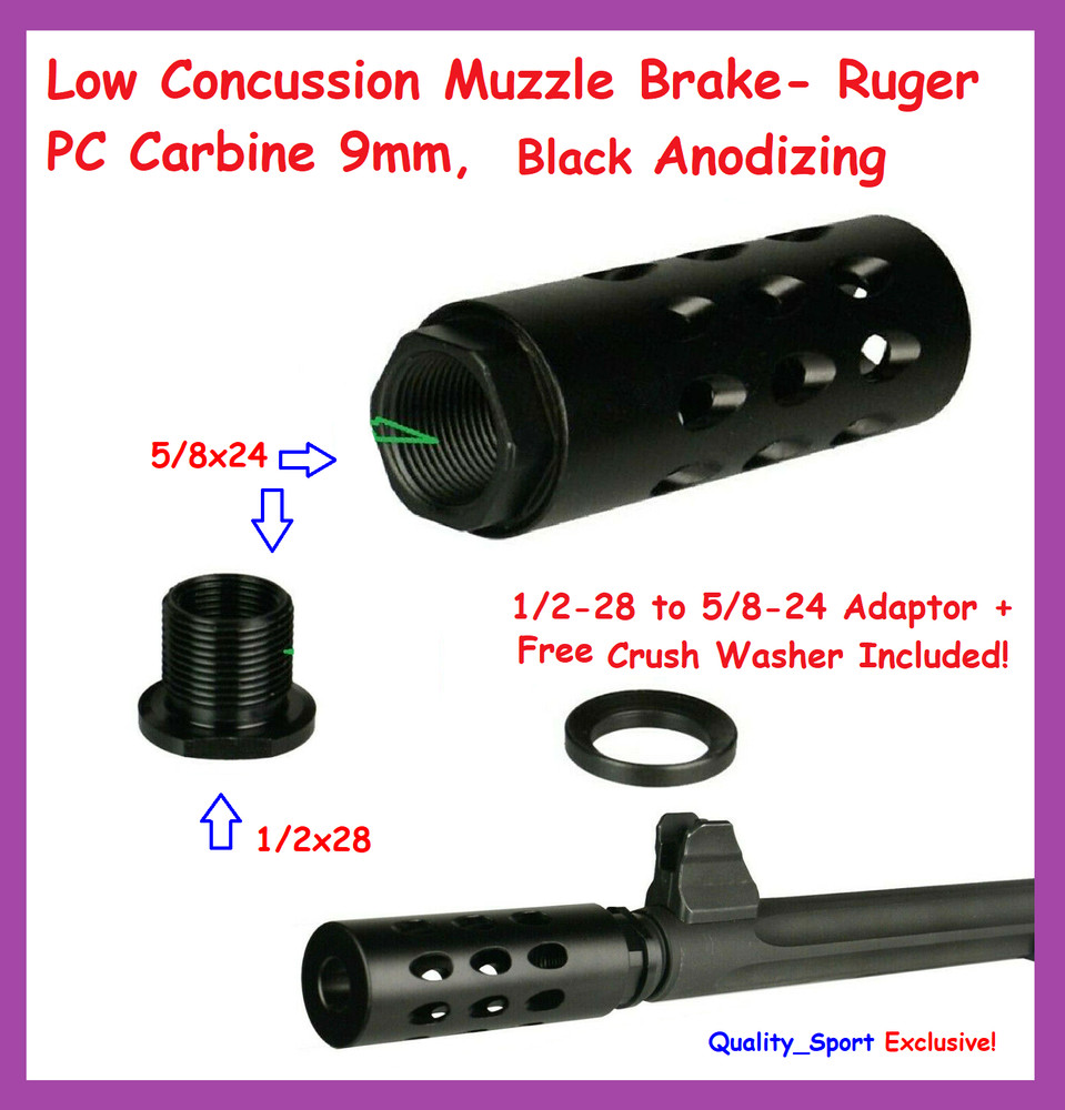 Low Concussion Muzzle Brake-Ruger PC Carbine 9 mm, Anodized Black + FREE Adapter