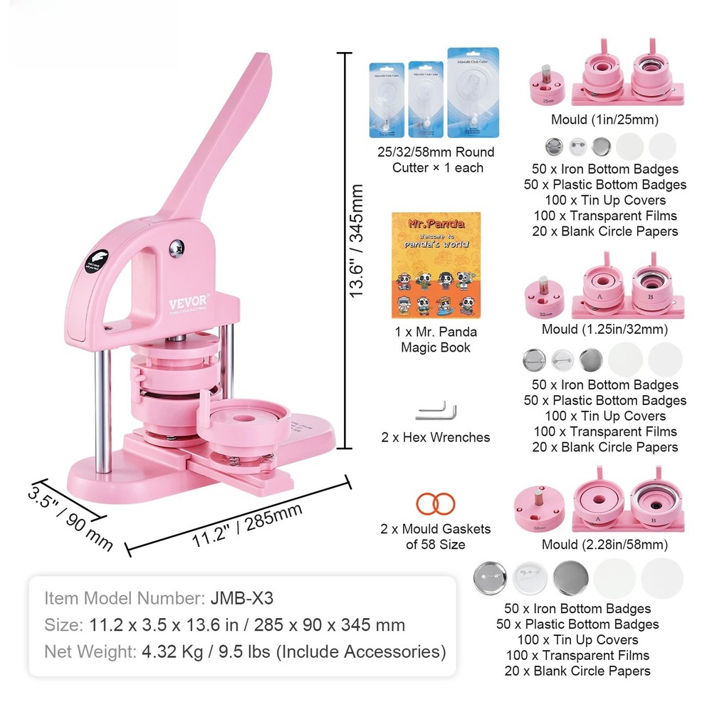 3IN1 Button Maker Button Maker Machine w/ Panda Magic Book Ergonomic Arc Handle