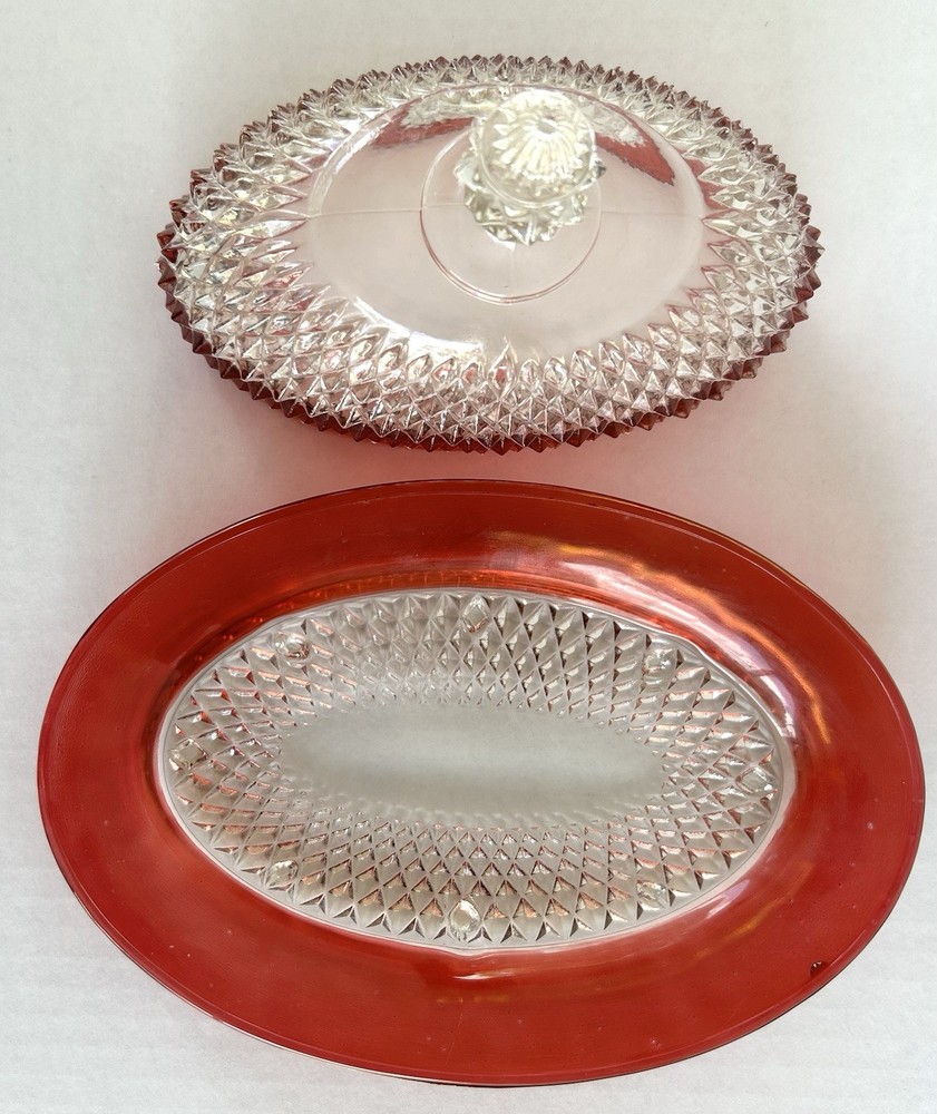 Indiana Glass Diamond Point Ruby Flash Butter Dish With Lid